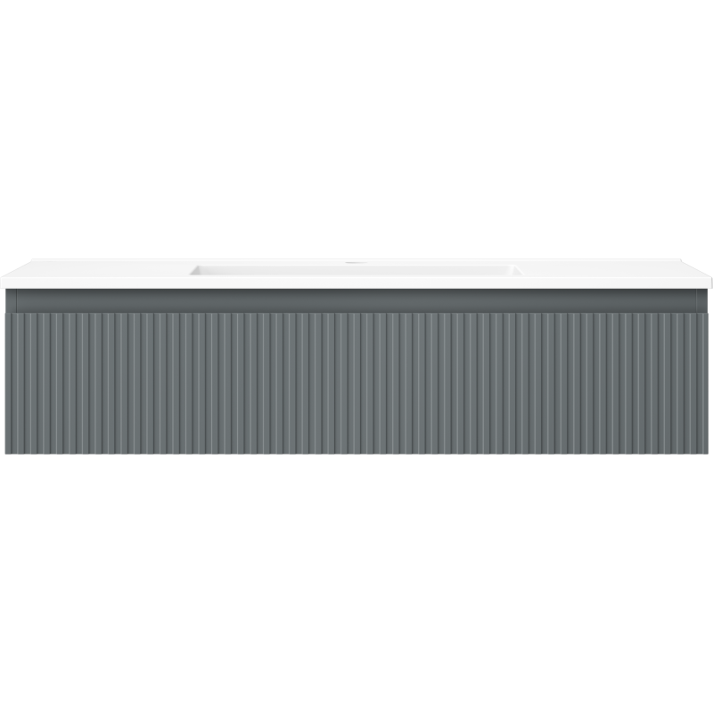 Servant med skap i grafitt matt med vertikale riller og hvit integrert servant, sett forfra.