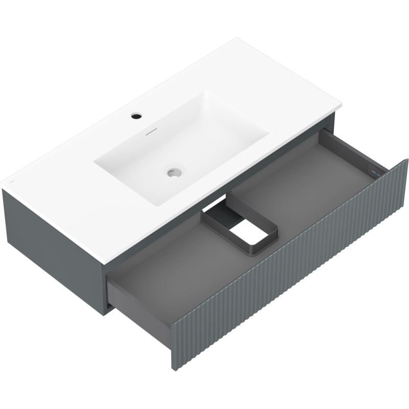 Baderomsskap med vask Mexen Rivel 100 cm i grafitt matt med hvit servant, sett fra skrå vinkel.