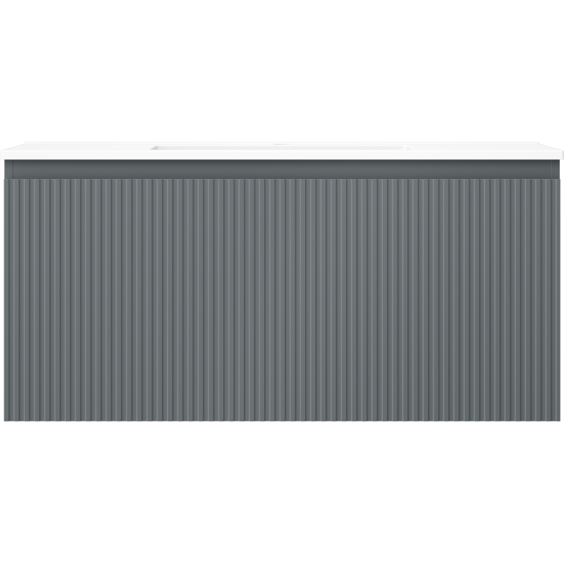 Servant med skap i grafitt matt med vertikale riller, sett fra siden, hvit kant øverst.