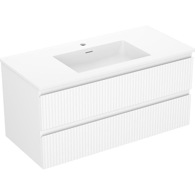 Servantskap med vask 100 cm Mexen Rivel hvit matt med vertikale riller og to skuffer uten håndtak.