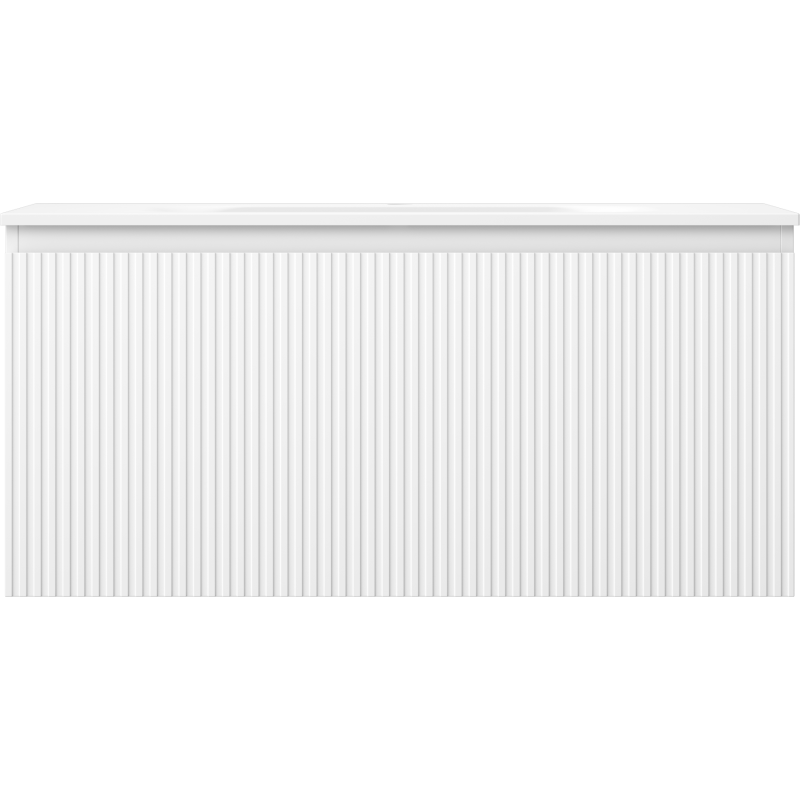 Servant med skap 100 cm hvit matt med vertikale riller og én skuff, sett rett forfra.