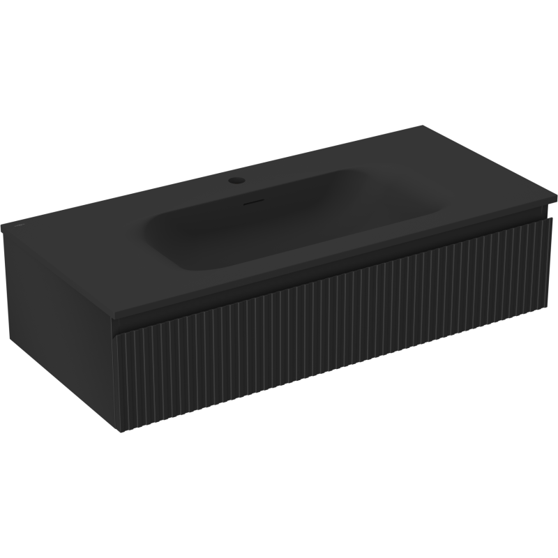 Servantskap med vask 100 cm svart matt med loddrette riller og integrert vask, sett skrått forfra.