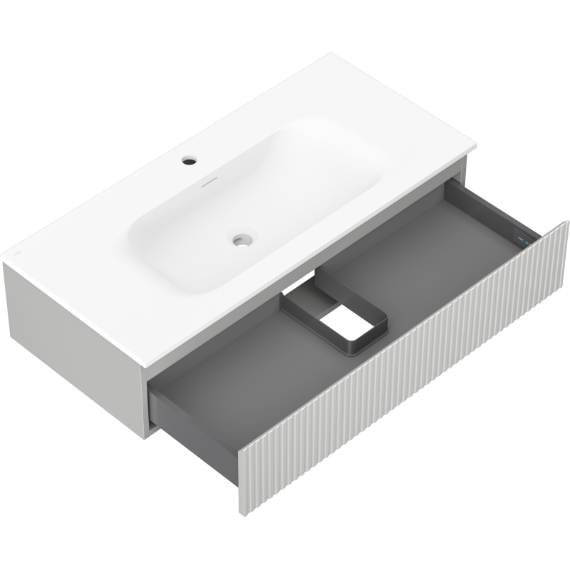 Baderomsskap med vask 100 cm Mexen Rivel i grå matt med rillet front, sett ovenfra med stor skuff.