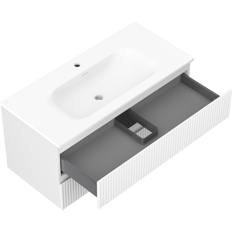 Baderomsskap med vask Mexen Rivel 100 cm, hvit matt, åpnet skuff med grå innredning.