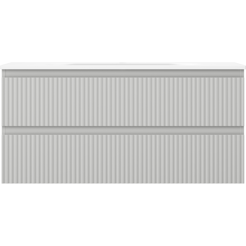 Servant med skap i lys grå matt med to skuffer og vertikale riller, moderne og håndtaksløs design.