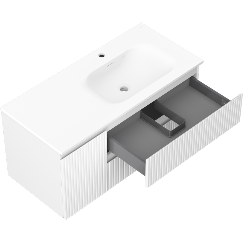 Baderomsskap med vask 100 cm Mexen Rivel, skrått ovenfra med åpen skuff og grå inndeling.