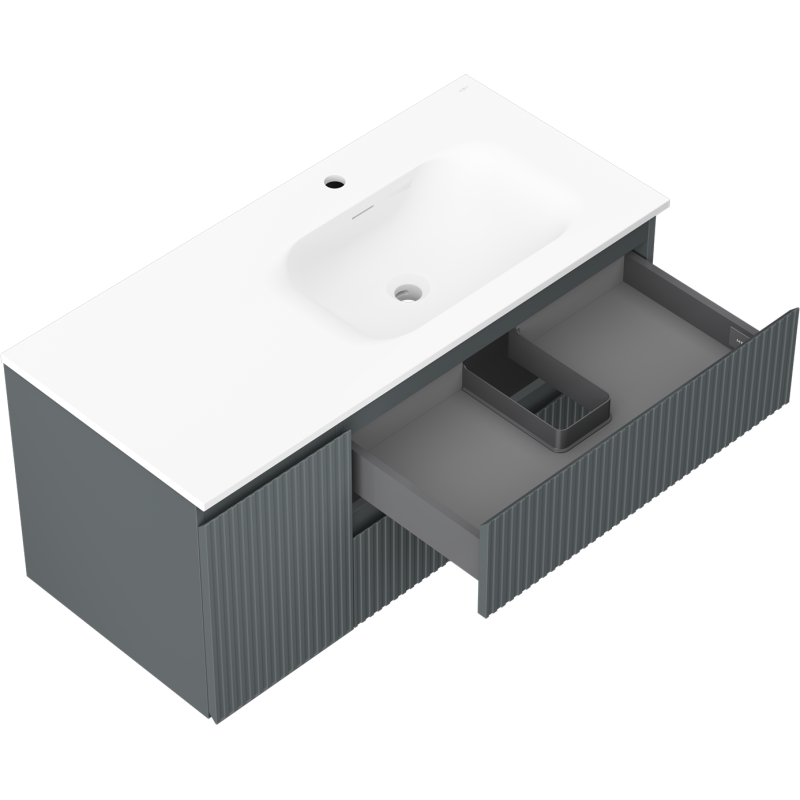 Baderomsskap med vask Mexen Rivel Vela grafitt/hvit matt, åpen skuff med organisering, sett skrått ovenfra.