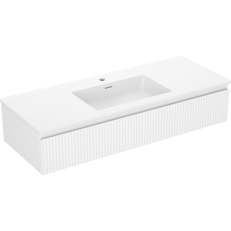 Servantskap med vask 120 cm hvit Mexen Rivel/Otis med ribbet frontpanel, sett skrått forfra.