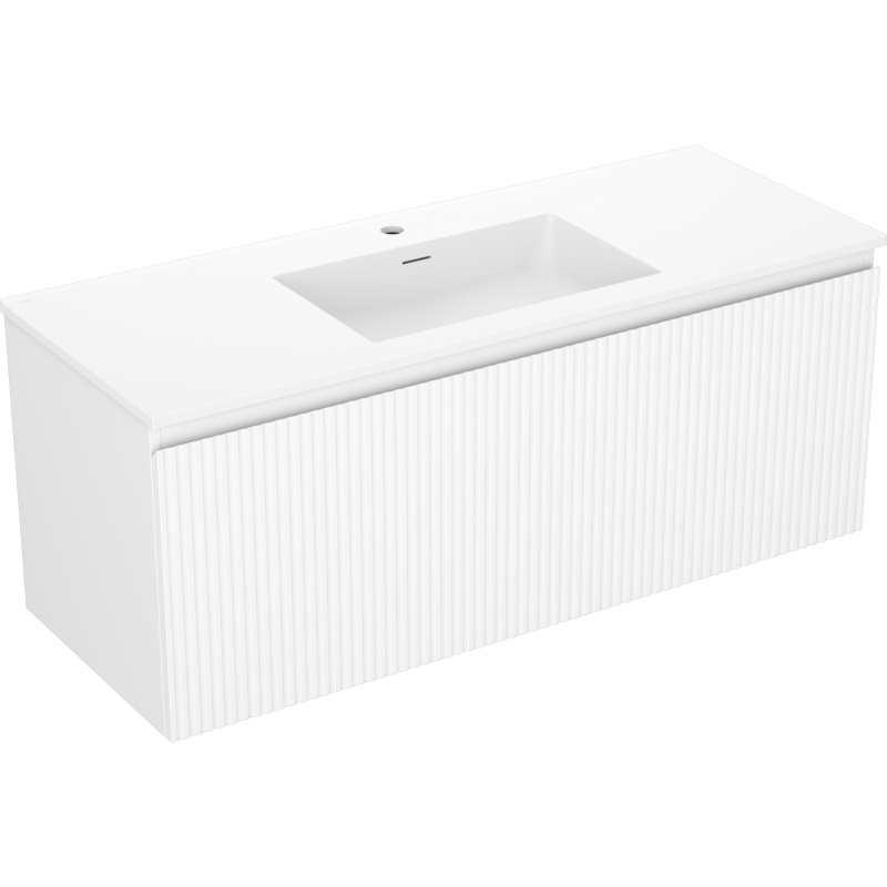 Servantskap med vask 120 cm hvit Mexen Rivel/Otis med riflet front, sett fra skrå vinkel.