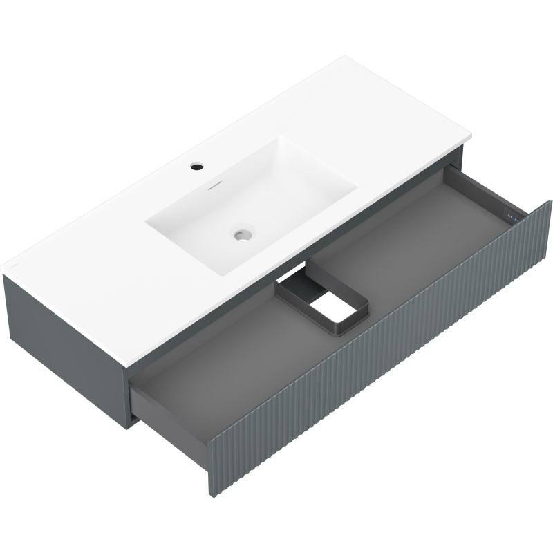 Baderomsskap med vask Mexen Rivel 120 cm, hvit servant og åpen grå skuff med innredning sett ovenfra.