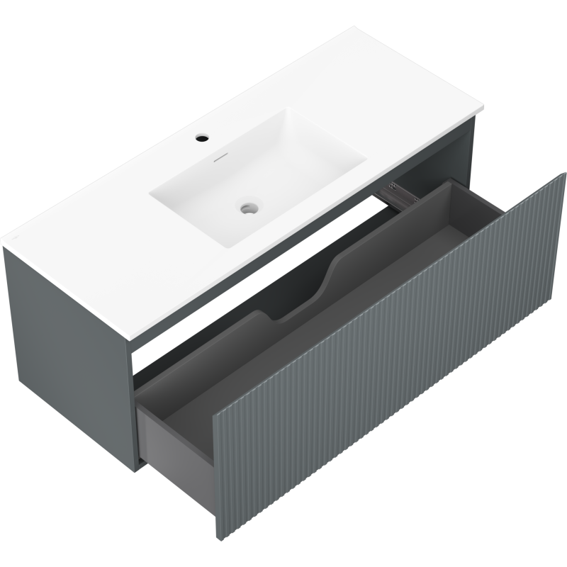 Baderomsskap med vask Mexen Rivel/Otis grafitt 120 cm med åpen rillet skuff og hvit servant.