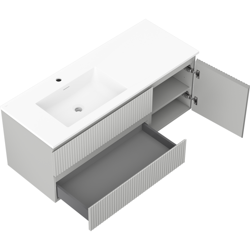 Baderomsskap med servant 120 cm Mexen Rivel grå matt med åpne dører og skuff, sett skrått ovenfra.