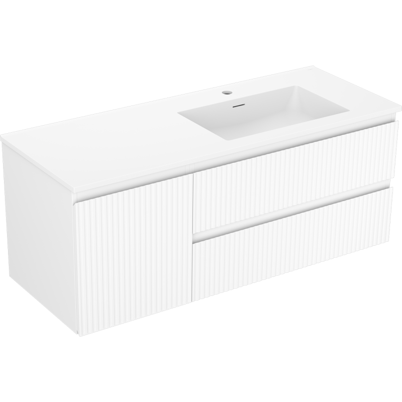 Servantskap med vask Mexen Rivel 120 cm hvit matt med vertikale riller og to brede skuffer.