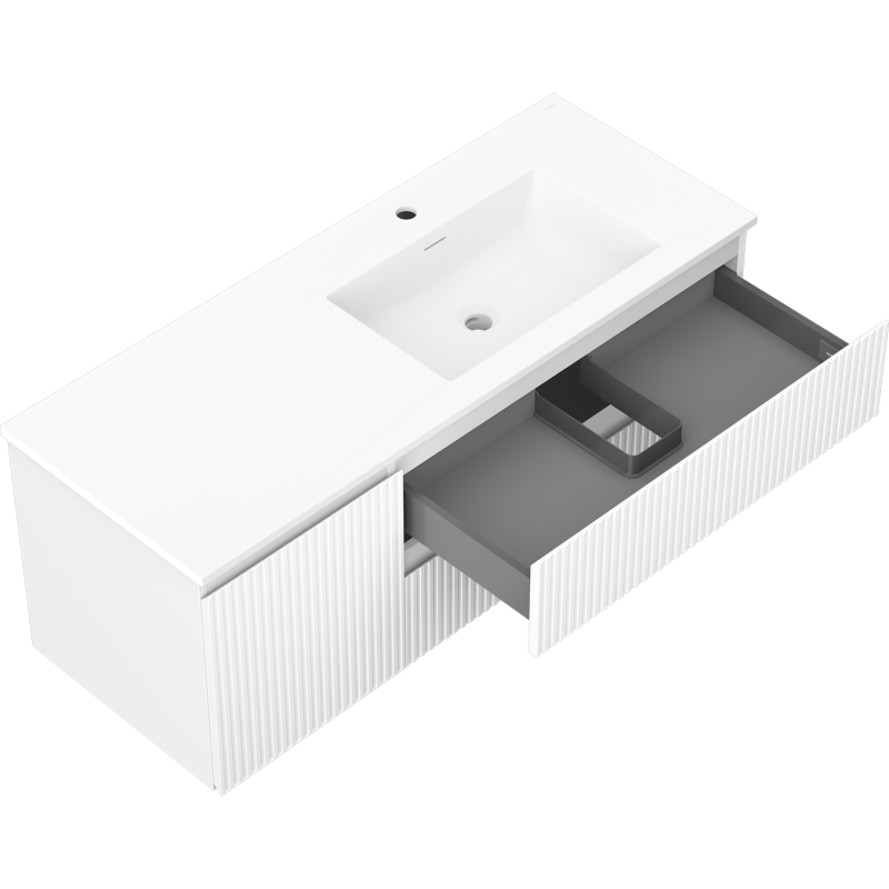 Baderomsskap med vask Mexen Rivel 120 cm hvit matt, skuff trukket ut med rominndeling og rillefront.