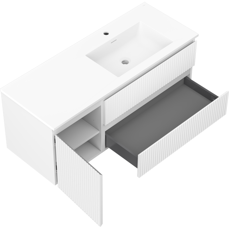 Baderomsskap med servant Mexen Rivel 120 cm hvit matt, åpne dører og skuff viser oppbevaringsplass.