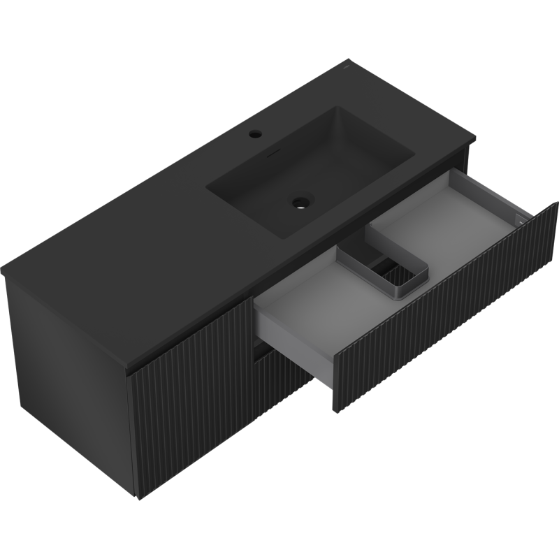 Baderomsskap med vask Mexen Rivel 120 cm i svart matt med åpnet skuff og vertikale riller.