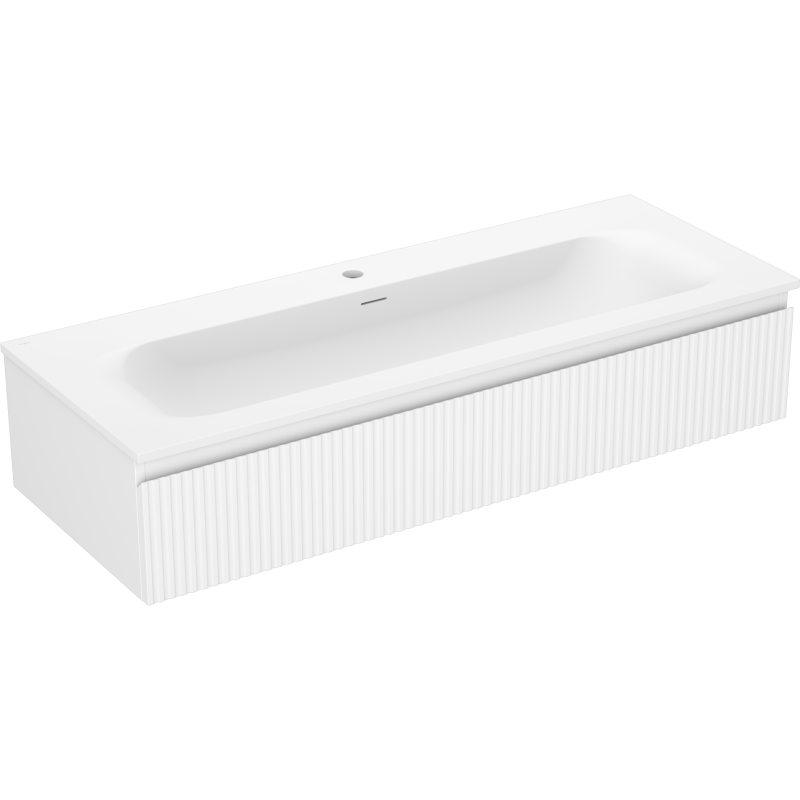 Servantskap med vask 120 cm Mexen Rivel hvit matt, skrå vinkel, front med vertikale riller.