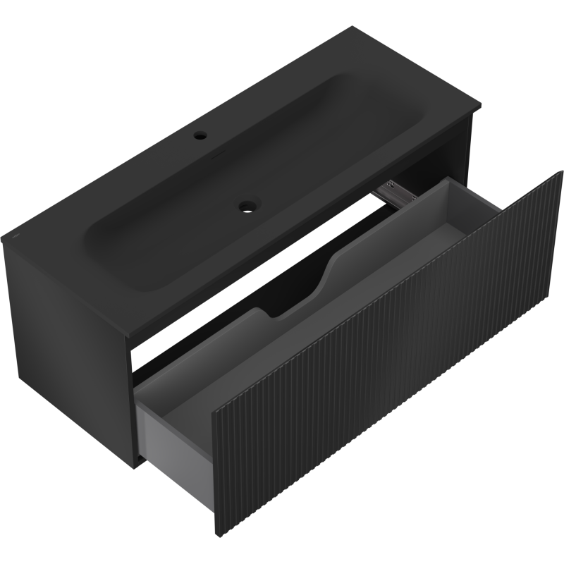 Baderomsskap med vask 120 cm i svart matt med åpen rillet skuff og utsparing for rørføring.