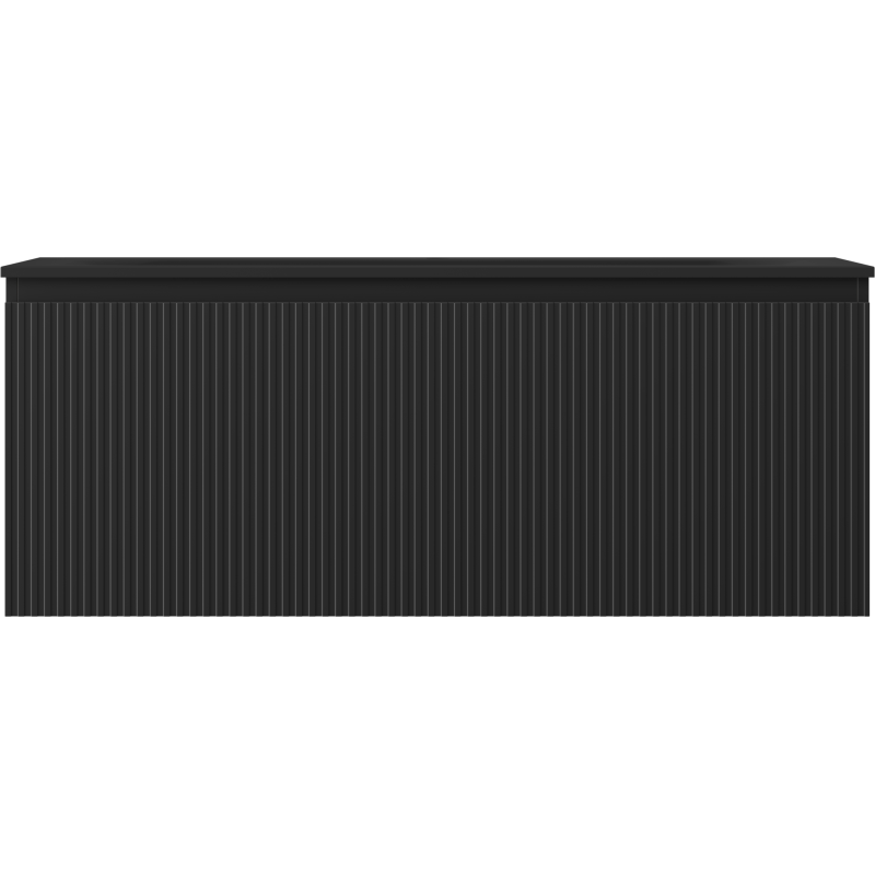 Servant med skap svart oppbevaringskasse i plast med vertikale riller, sett forfra med lukket lokk.