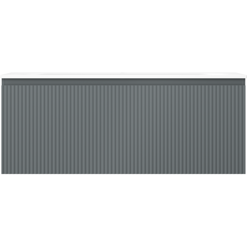 Servant med skap i grafitt med vertikale riller og hvit kant, sett rett forfra.