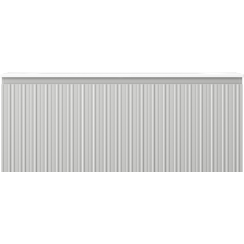 Servant med skap i lys grå matt finish, vertikale riller og hvit glatt topp, sett forfra.