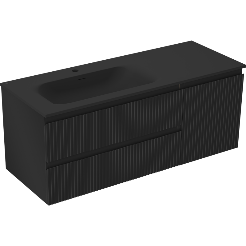 Servantskap med vask 120 cm svart matt Mexen Rivel Vela med vertikale riller og avrundet servant.