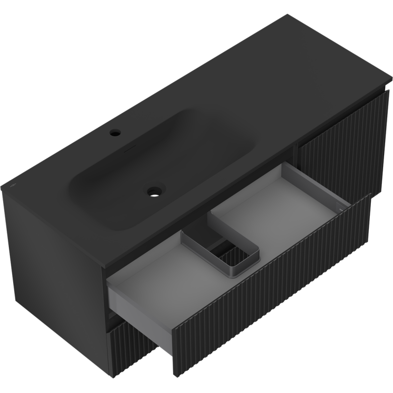 Baderomsskap med vask 120 cm svart matt Mexen Rivel Vela, åpen skuff med rom og vertikale riller.