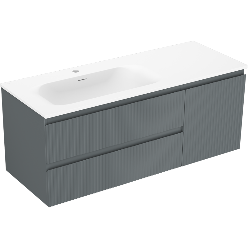 Servantskap med vask 120 cm grafitt og hvit matt med riflede fronter og integrert rektangulær servant.