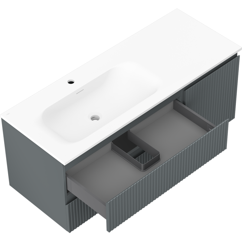 Baderomsskap med vask 120 cm grafitt/hvit matt, rillet front og åpen skuff med romdeler, sett skrått ovenfra.