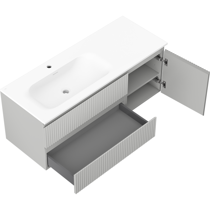 Baderomsskap med servant Mexen Rivel 120 cm, grå matt, åpne skuffer og dører, sett skrått ovenfra.