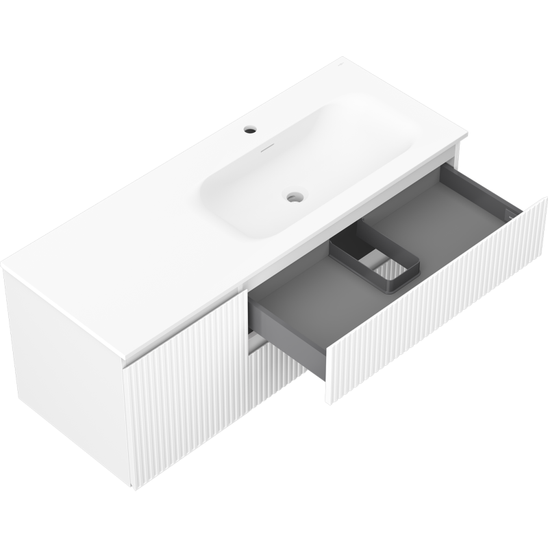 Baderomsskap med vask 120 cm Mexen Rivel i hvit matt med åpen skuff og grå inndeling.