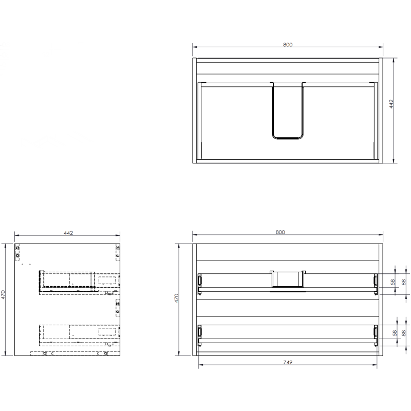 Servantskap med vask teknisk tegning med mål, viser tre perspektiver av hvit matt Mexen Rivel 120 cm.