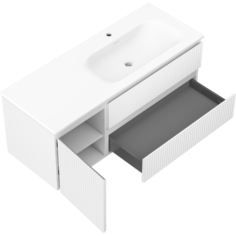 Baderomsskap med servant 120 cm Mexen Rivel i hvit matt, åpne skuffer og skapdør viser oppbevaring.