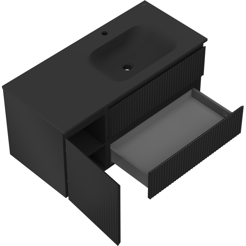 Baderomsskap med servant 120 cm svart matt Mexen Rivel sett ovenfra med åpen skuff og skapdør.