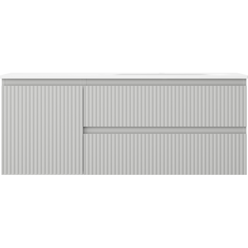 Servant med skap Mexen Rivel Vela 120 cm i lysgrå med vertikale riller og integrerte håndtak.