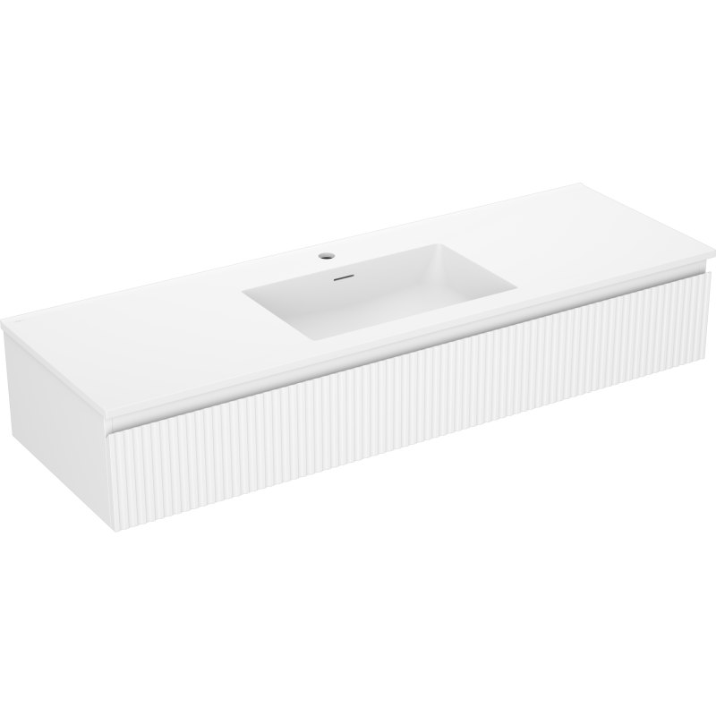 Servantskap med vask 140 cm hvit Mexen Rivel/Otis med vertikale riller, sett fra skrå vinkel.