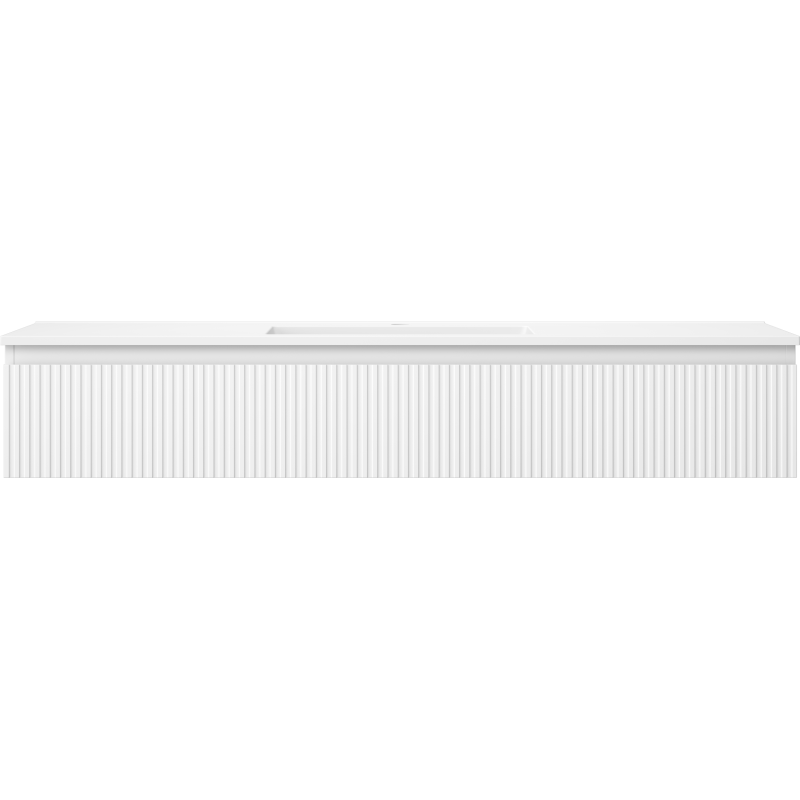 Servant med skap i hvitt, 140 cm bredde, riflet frontpanel og matt overflate, sett rett forfra.