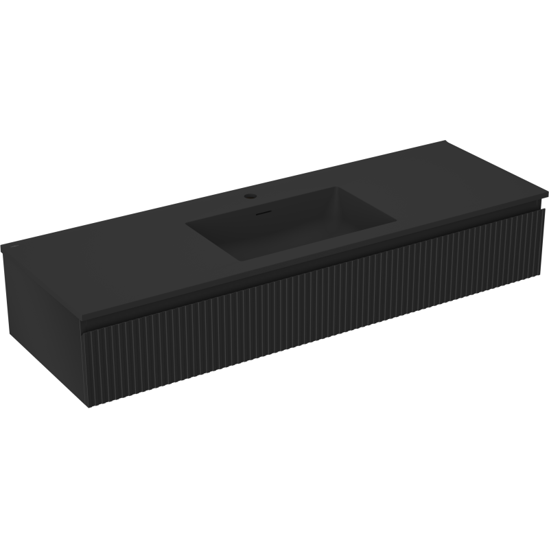 Servantskap med vask Mexen Rivel 140 cm i matt svart med vertikale riller, sett fra skrå vinkel.