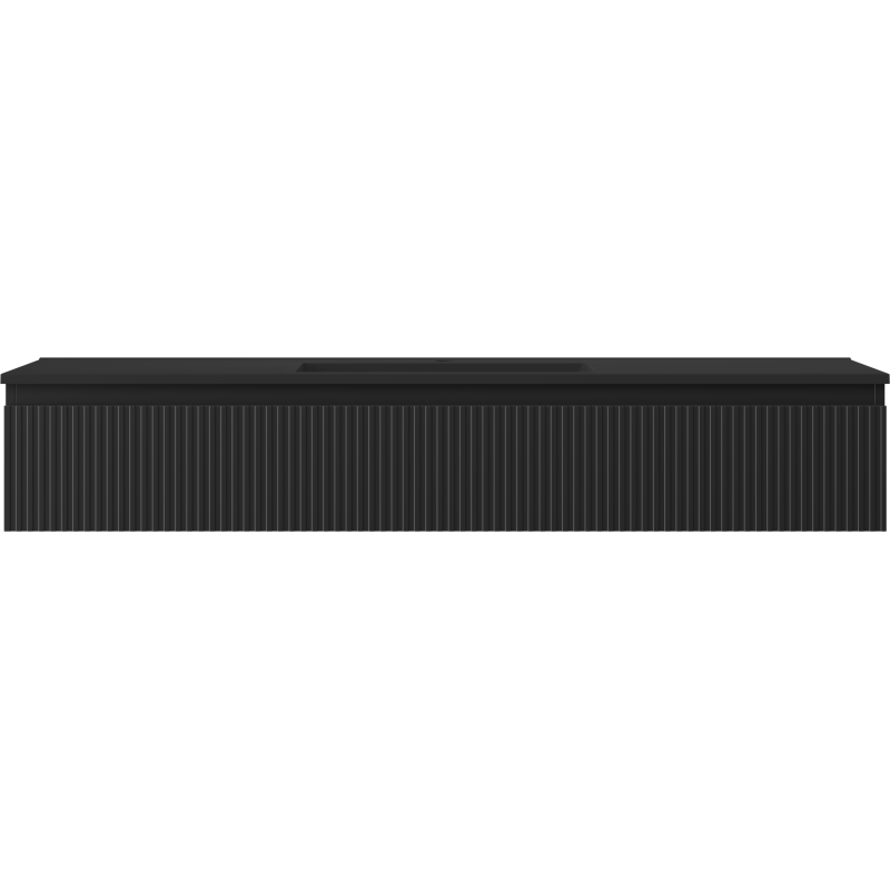 Servant med skap Mexen Rivel 140 cm i svart matt med ribbet overflate, sett fra siden.