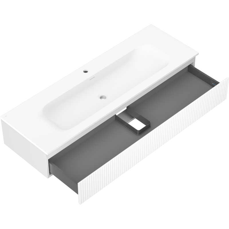Baderomsskap med vask 140 cm Mexen Rivel i hvit matt med åpen skuff og rillemønstret front.