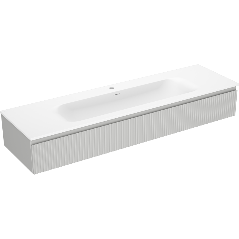 Servantskap med vask 160 cm grå matt Mexen Rivel med rillet front, sett fra skrå vinkel.