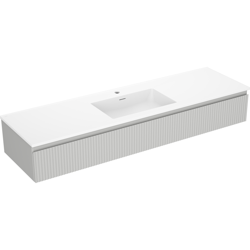 Servantskap med vask 160 cm Mexen Rivel/Otis grå matt med riflet front og rektangulær kum, skrå vinkel.