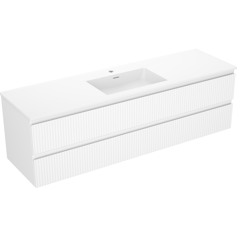 Servantskap med vask 160 cm Mexen Rivel/Otis i hvit med vertikale riller og to skuffer uten håndtak.