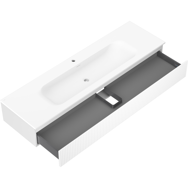 Baderomsskap med vask 160 cm hvit Mexen Rivel Vela med åpen grå skuff og rillede fronter.