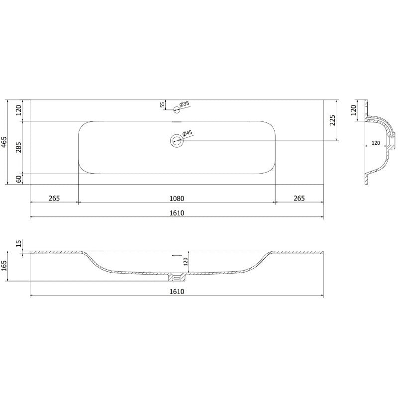 Servant med skap teknisk strekning som viser mål og dimensjoner for Mexen Rivel 160 cm svart matt.