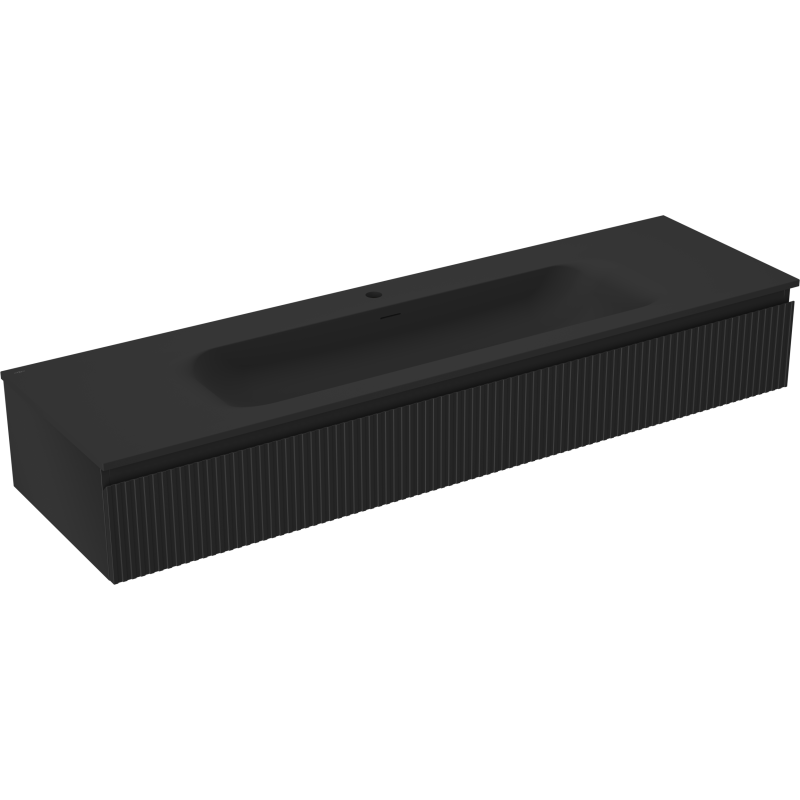 Servantskap med vask 160 cm i svart matt med vertikale riller, sett fra skrå vinkel foran.