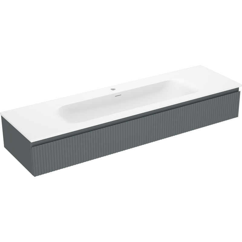 Servantskap med vask 160 cm grafitt/hvit fra Mexen Rivel med rillede fronter, sett fra skrå vinkel.