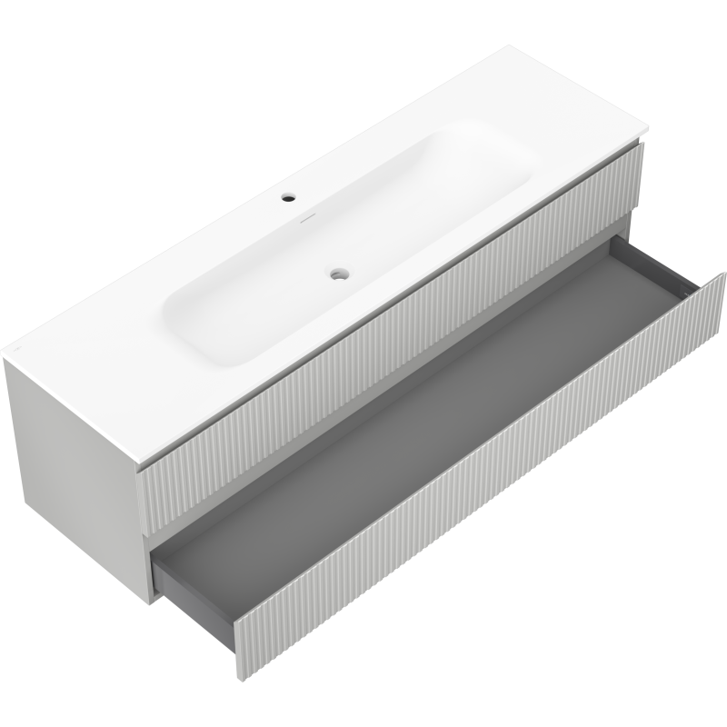 Baderomsskap med servant Mexen Rivel Vela, rillet front og grå skuff trukket ut, sett skrått ovenfra.