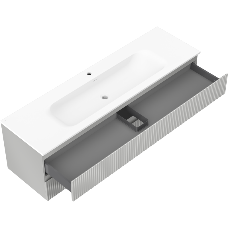 Baderomsskap med vask Mexen Rivel Vela 160 cm i grå/blå matt med åpen skuff og rillede fronter.