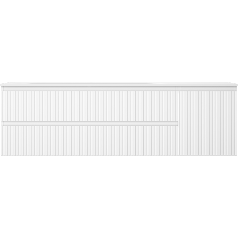 Servant med skap i hvit matt finish med vertikale riller, sett rett forfra.